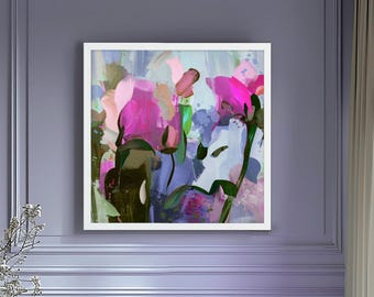 Pink Wild Flowers Abstract Giclée Print: Blue Grey Home Decor