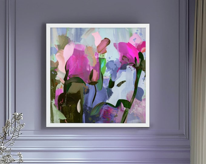 Featured listing image: Pink Wild Flowers Abstract Giclée Print: Blue Grey Home Decor