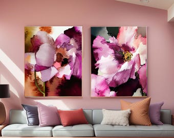 Plum Poppy Abstract Flower Print Set: Burgundy Red Floral Wall Art