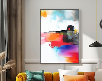 Dungeness Abstract Fine Art Print, Bright Blue Coastal Wall Art, White Decor, Red Door Black Beach Hut, Interior Design, UK artist