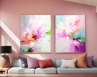 Blush White Teal Abstract Fine Art Print Set, Interior Design, Soft Pastel Modern Prints, Lime Green accents, UK artist