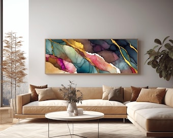 Burgundy Plum Abstract Canvas Print: Gold Leaf Wall Art (20x40") Ready to Hang