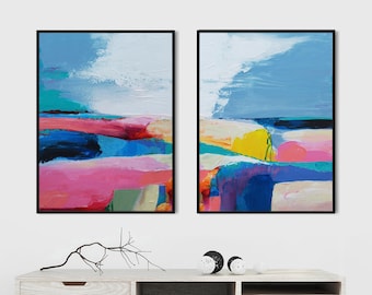 Blue Sky in Iceland Abstract Print Set, Large Modern Wall Art, Colourful Home Decor, Pink Teal Impasto Art, UK
