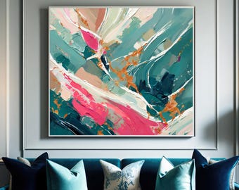 Embellished Pink Mint Abstract Fine Art Print, Gold Leaf  Contemporary Print, Teal Blue Home Decor, UK