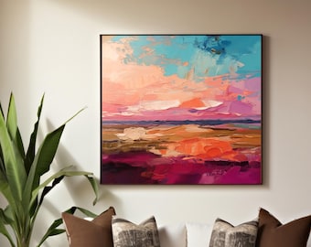 Magenta Sunset Abstract Fine Art Print, Contemporary Pink Canvas, Modern Blue Decor, Brown Wall Art,  UK Artist