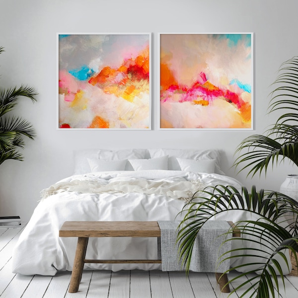 Tangerine Clouds Abstract Set of 2 Fine Art Prints, Home Decor, Interior Design, Orange Canvas Print Set, Wall Art UK Artist