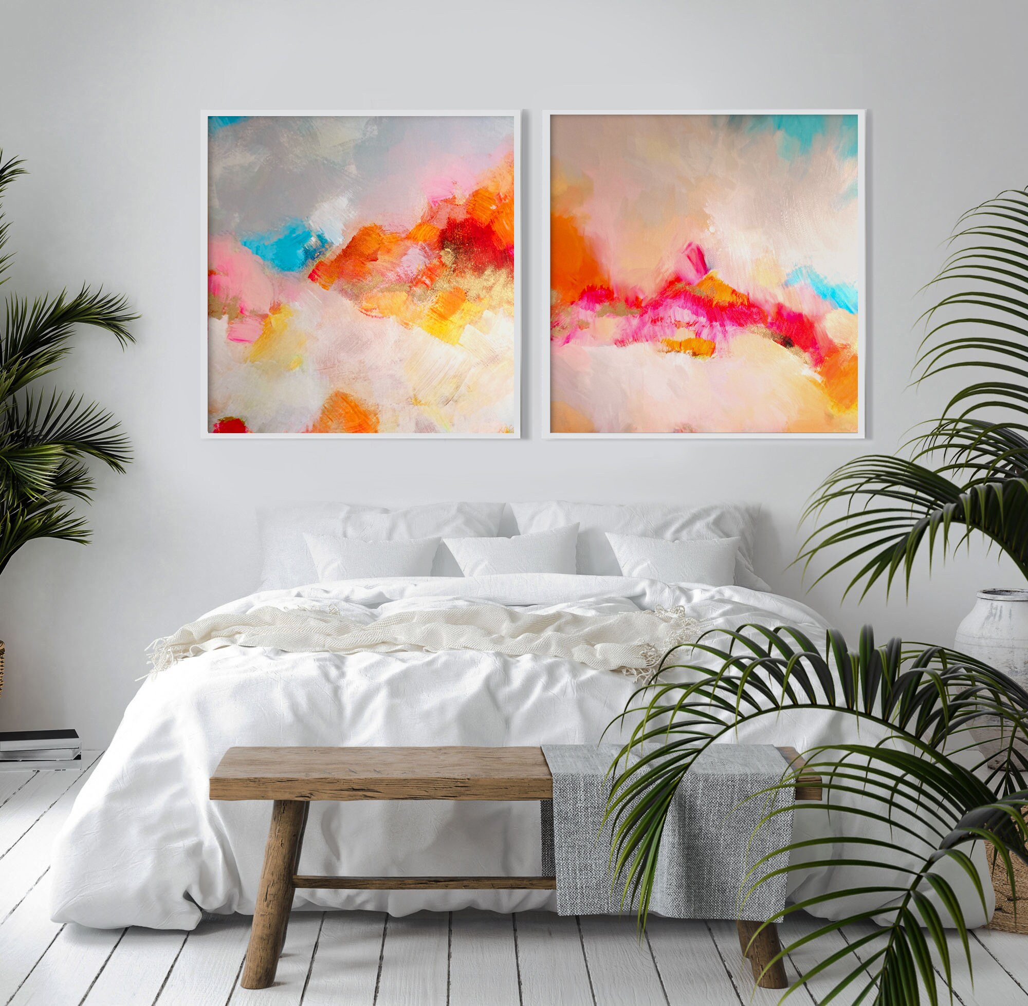Tangerine Clouds Abstract Set of 2 Fine Art Prints Home Decor
