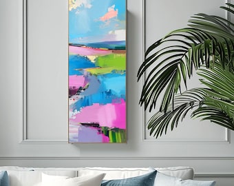 Pink Winter Abstract Print:  Narrow Sky Blue Wall Art, Long Vertical Canvas, UK artist