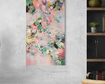 Embellished Rose Gold Fine Art Abstract Print, Thin Narrow Art, Vertical Pastel Canvas Print, Pink Green Wall Art, UK artist
