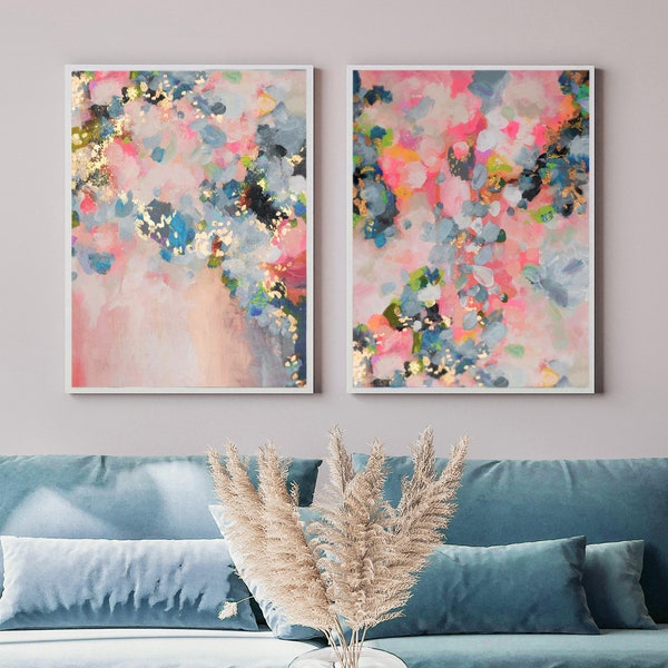 Elegant lichtroze abstract, bladgoud Art Print Set, zacht huisdecor, kunst aan de muur, delicate bloemenabstract, Office Art UK