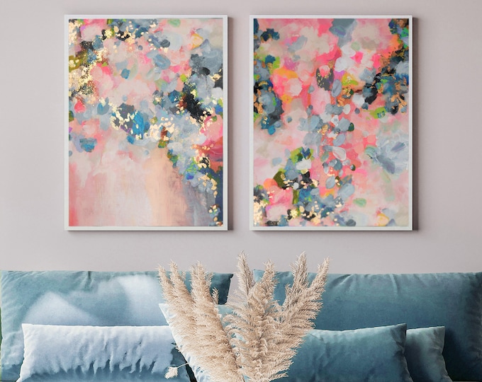 Pale Pink Abstract Gold Leaf Floral Art Print Set, Pastel Wall Art, Teal Blue
