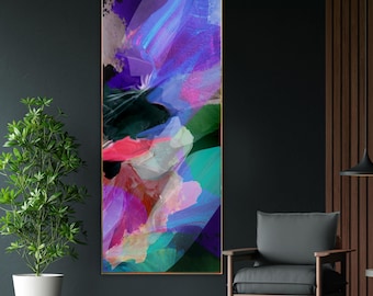 Sheer Blue Amaranthine Fine Art Abstract Print, Tall Canvas, Teal Decor, Long Narrow Pink Print, Wall Art UK