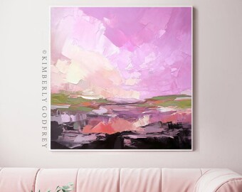 Cerise Clouds Abstract Fine Art Print, Pastel Pink Wall Art, Sage Green, Ecru Beige Skies, UK artist