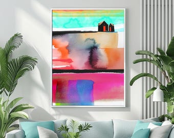 Dungeness Abstract Fine Art Print, Bright Mint Green Wall Art, Black Beach Hut, Red Door, Pink Accents, UK artist