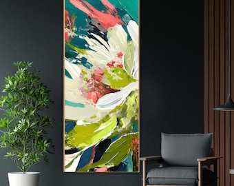 Coral Blush Peony Abstract Print, Olive Green Home Decor, Long Narrow Print, Pink Wall Art, UK artist