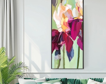 Magenta Iris Abstract Print: Plum Accents, Narrow Seafoam Green Wall Art