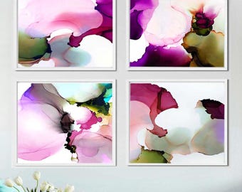 Abstract Orchid Art Print Set of 4, Magenta Flowers, Teal Green, Periwinkle Blue Floral Wall Art Decor, UK artist