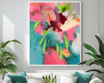 Bright Pink and Teal Abstract Floral Art Print:  Interior Design Decor