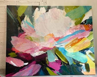 White Rose Abstract Art Print: Soft Green & Pink Floral Canvas Art
