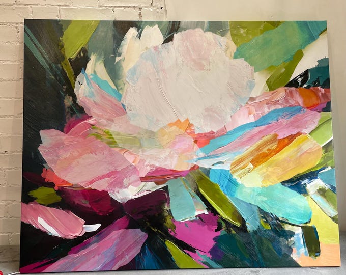 White Rose Abstract Art Print: Soft Green & Pink Floral Canvas Art