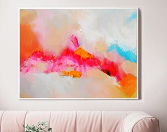 SALE Large Tangerine Sky Abstract Canvas Print, 40x50" Bright Orange Wall Art, Interior Design, UK artist