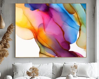 Sheer Pink Ink Print: Yellow & Blue Modern Abstract Wall Art