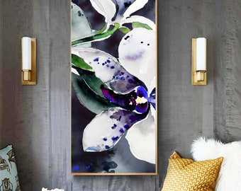Indigo Orchid  Floral Abstract Print, Narrow Canvas, Dark Navy Blue Accents, Long White Abstract Print, Wall Art Decor, UK