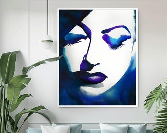Blue Fashion Illustration Art Print: Glamorous Wall Art, Interior Design
