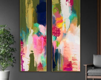 Abstract Floral Set of Narrow Prints, Long Vertical Canvas Wall Art, Colourful Contemporary Interior Design, UK artist