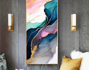Sheer Blue Abstract Print, Long Narrow Floral Canvas, Interior Design, Teal Decor, Wall Art UK