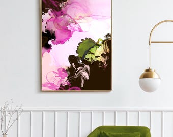 Pink Quartz Abstract Print, Large Colourful Modern Decor, Olive green Accents, Canvas Wall Art, UK