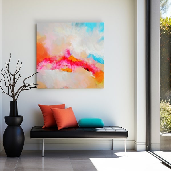 Tangerine Clouds Abstract Art Print, Bright Modern Home Decor, Orange Wall Art, Large Abstract Painting, UK