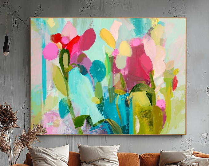 Featured listing image: Seafoam Abstract Art Print: Olive Green Accents, Hot Pink Floral Wall Art