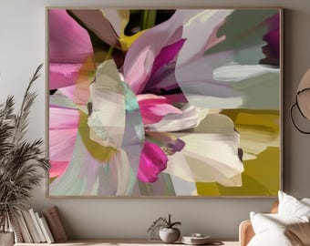 Sage Green Abstract Floral Wall Art Print: Coral Pink Watercolour, Wine Decor
