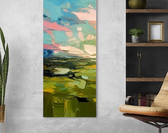 Olive Fields Abstract Canvas Print, Long Narrow Wall Art, Sage Green Decor, Pale Pink Interiors, UK artist
