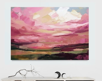 Cerise Sunset Abstract Art Print: Pink Sky, Olive Green Decor