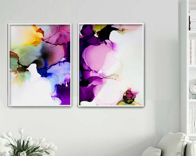 Amethyst Abstract Art Prints: Purple Jewel Tone Ink, Set of 2