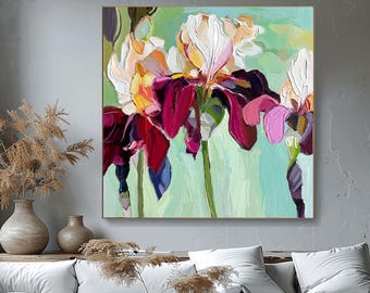 Magenta Mint Floral Wall Art Print: Abstract Burgundy Plum Iris Canvas Art