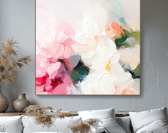 White Blush Rose Abstract Print: Textured Giclée Canvas, Pink & Teal Floral Wall Art