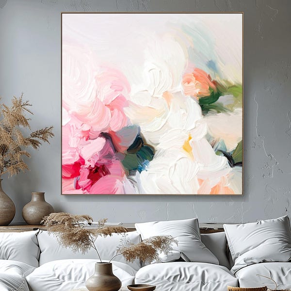 Abstracte print White Blush Rose: getextureerde gicléecanvas, roze bloemenmuurkunst