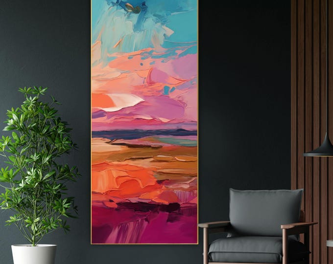 Teal Horizon Abstract Canvas Print: Long Narrow Magenta Wall Art