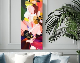 Scarlet Floral Abstract Giclee Print: Narrow Canvas, Green Decor, Vertical Wall Art