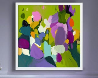 Lime Green Floral Abstract Print: Bright Colourful Happy Wall Art, UK Artist