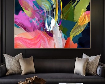 Vibrant Floral Abstract Fine Art Print, Bright Colourful Modern Wall Art, Pink Lumina Flower Canvas Print, UK artist
