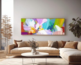 Pink Floral Abstract Print: Yellow Green Flowers, Narrow White Wall Art