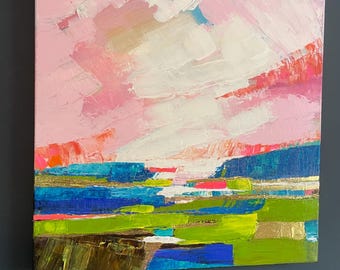 Pink Highlands Abstract Painting with Gold Leaf, Contemporary Magenta Art, Teal Green Canvas Art, 20x20" Ready to hang