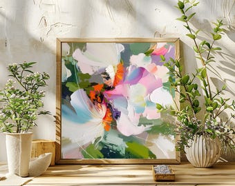 White Iris Abstract Fine Art Print, Pale Pink Floral Wall Art, Teal Blue, Sage Green Decor, Olive Green Accents, UK artist
