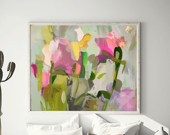 Abstract Floral Pink Sage Art Print: Textured Olive Green Wall Art