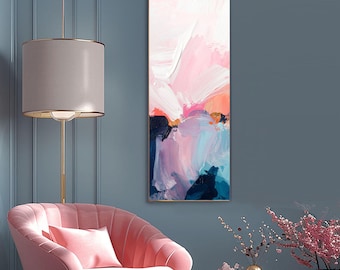 Indigo Blush White Abstract Fine Art Print, Narrow Canvas,  Pink Accents, Light Teal Decor, Long Vertical Wall Art, UK artist