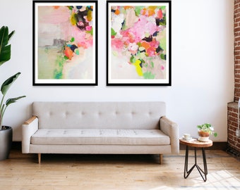 Green Blossom Set of Abstract Art Prints, Soft Coral Peach Aesthetic, Interior Decor Wall Art, UK artist